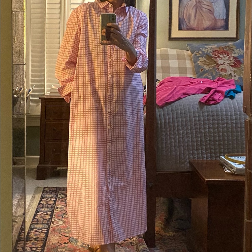 Pink Gingham Long Shirt Dress
